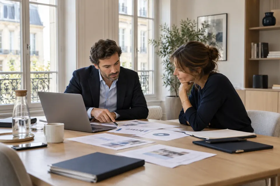 Illustration : deux professionnels examinent des graphiques et un dossier de gestion