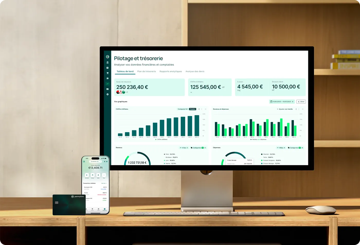 Vue de l’interface Pennylane sur ordinateur et mobile, visuel de présentation de l’éditeur